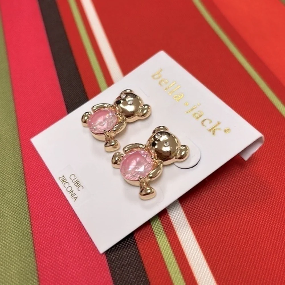 Brand New Bella Jack Teddy Bear Post Earring Gold Tone w/ Pink Stone